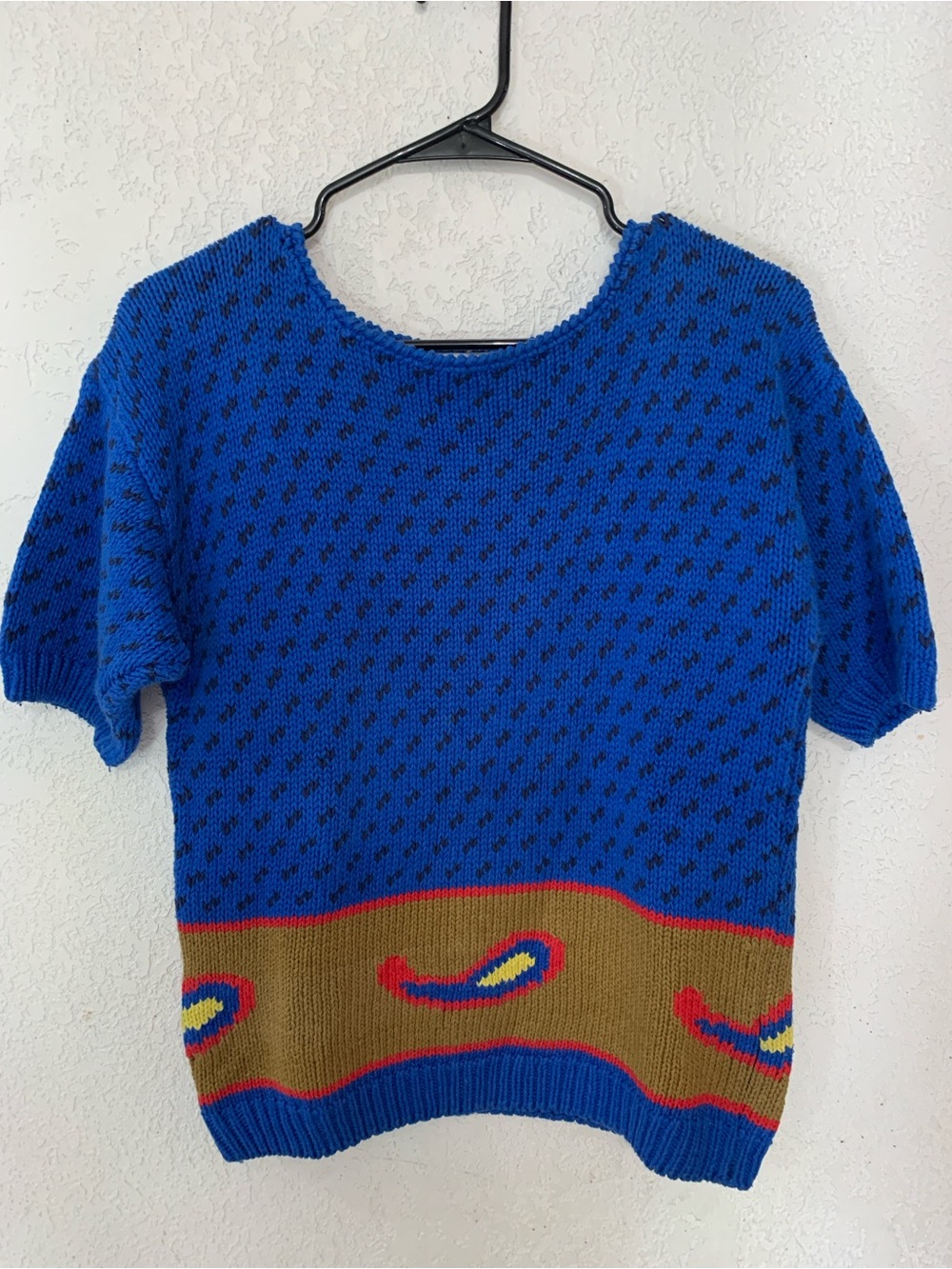Chaus Royal Blue Short-Sleeve Sweater with Multicolor Paisley Hem